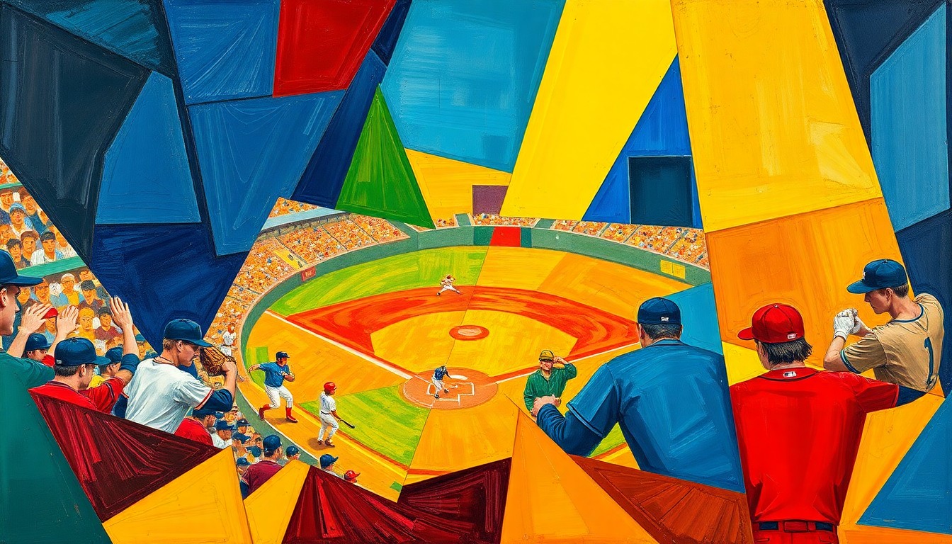 A fractured, cubist-style painting depicting the dynamic action of a baseball game, with players and the field broken down into sharp, overlapping geometric shapes in a vibrant color palette.