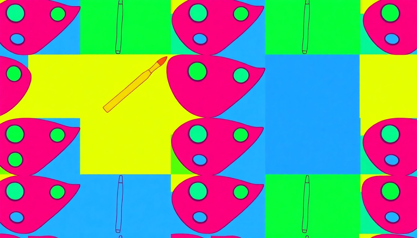 A high-contrast silkscreen print featuring a repeated pattern of colorful artist's paint brushes, conceptually representing the creative energy and community spirit of the Druid City Arts Festival.