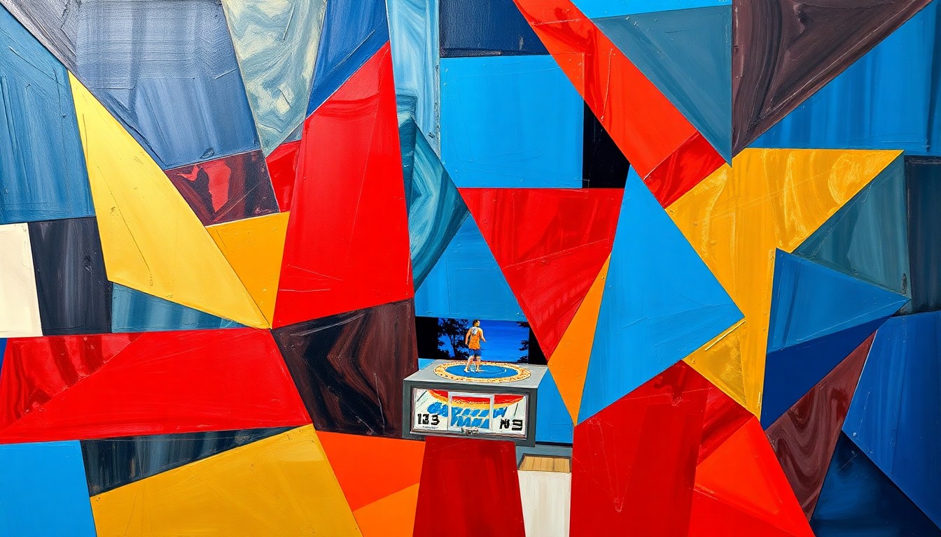A cubist, geometric painting depicting a fragmented WNBA basketball game, with sharp, overlapping planes of deep blues, vibrant reds, and metallic golds, conceptually representing the complex labor negotiations and uncertain future of the league.