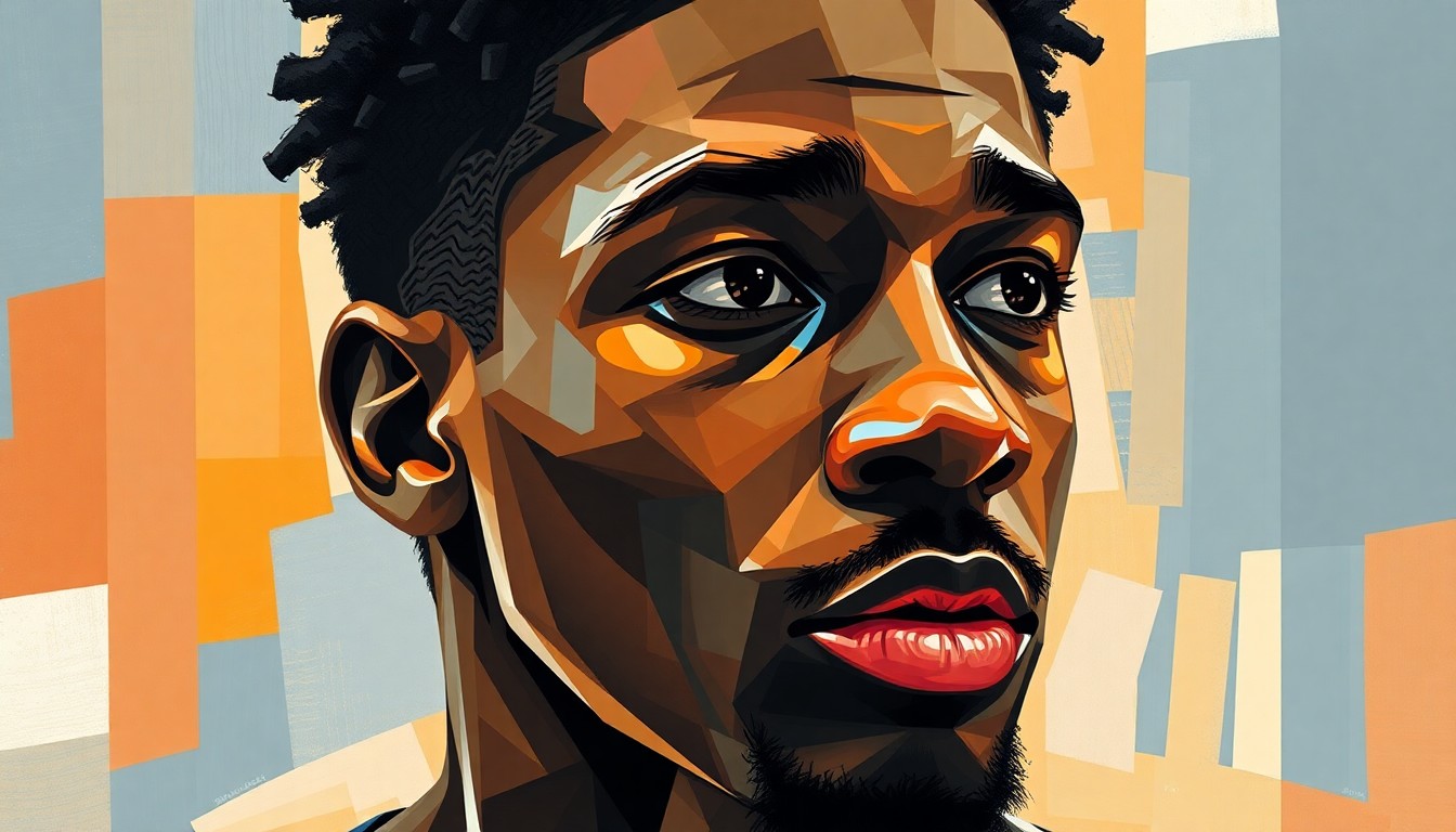 A fractured, multi-perspective painting depicting Trae Young's face, with sharp, overlapping geometric planes that capture the mix of emotions he experienced during his return to Atlanta.