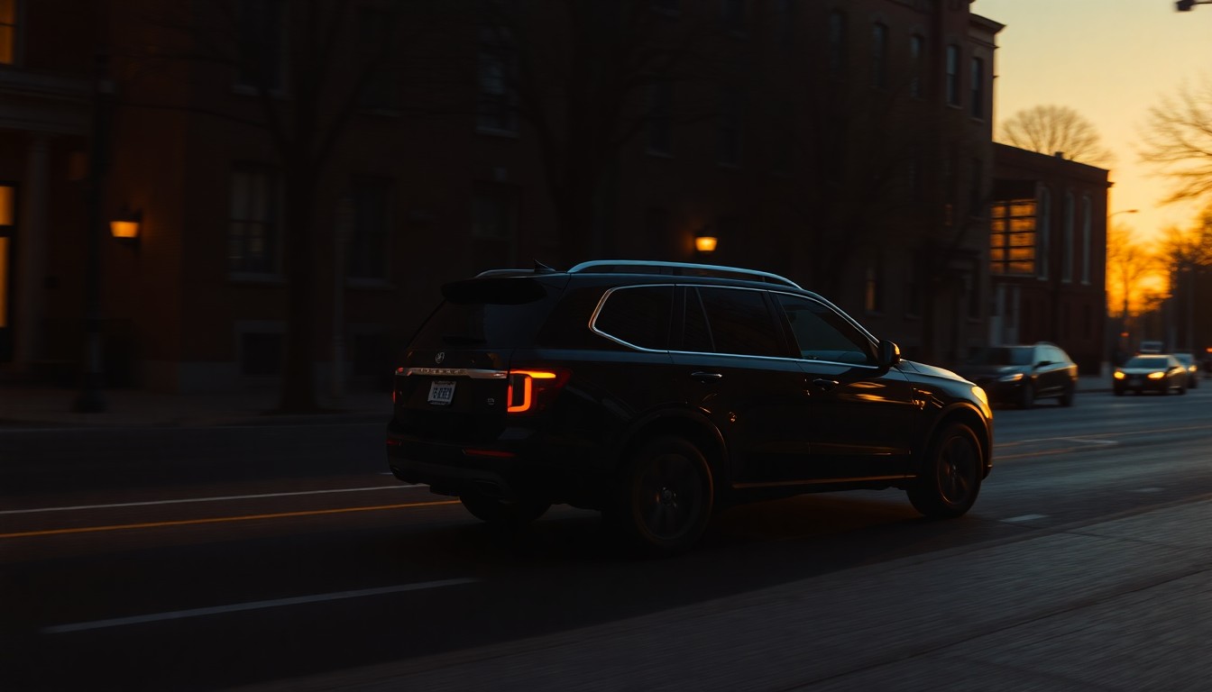 A cinematic painting of a black SUV driving down a shadowy, dimly lit street in Washington, D.C., bathed in warm, diagonal sunlight and deep shadows, creating a nostalgic, contemplative mood.