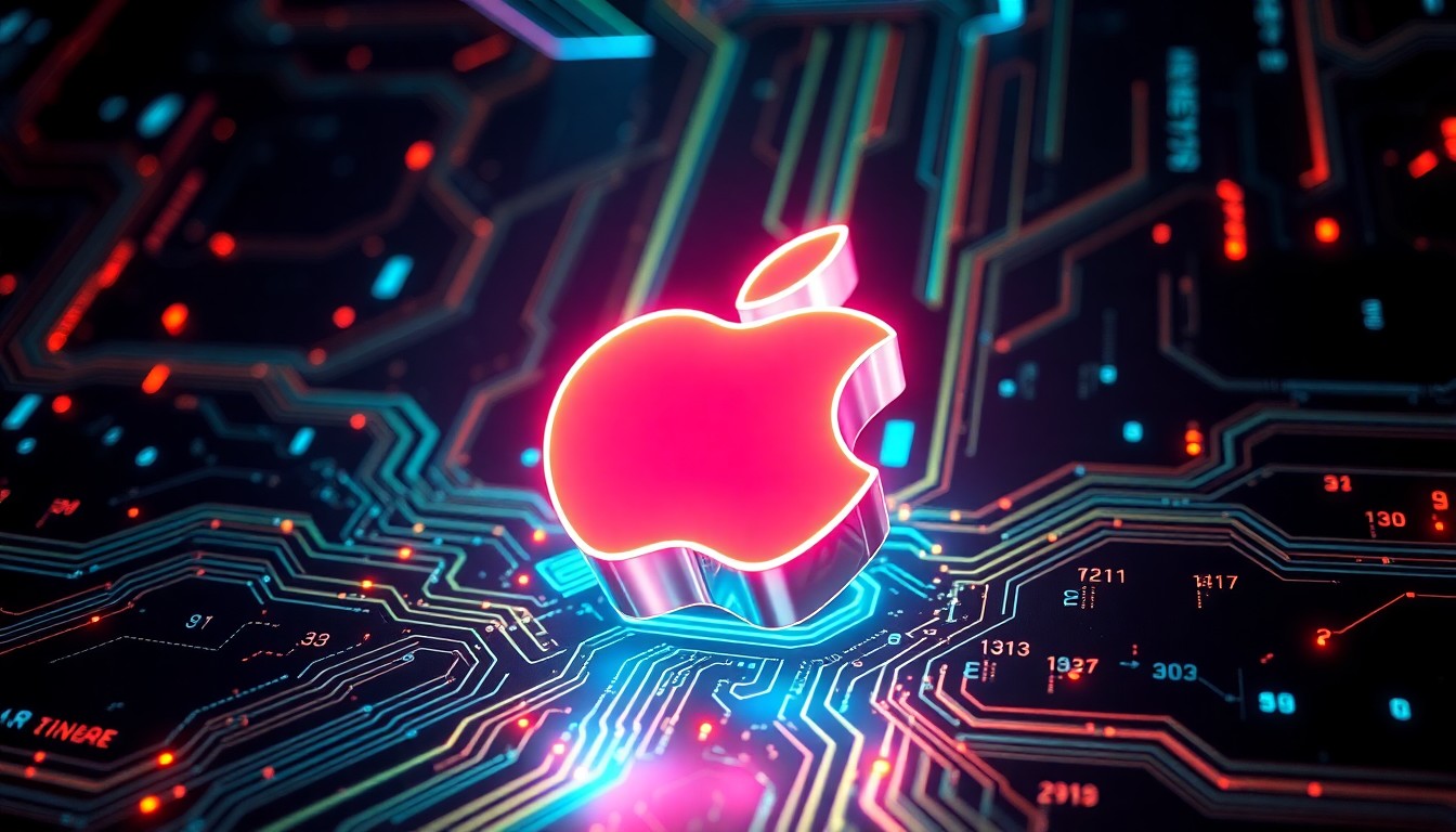 A highly detailed, glowing 3D macro illustration of a futuristic, neon-lit Apple logo floating in a dark, cyberpunk-inspired environment, surrounded by pulsing, luminous circuits and data streams, conceptually representing Apple's 50 years of technological innovation and digital transformation.