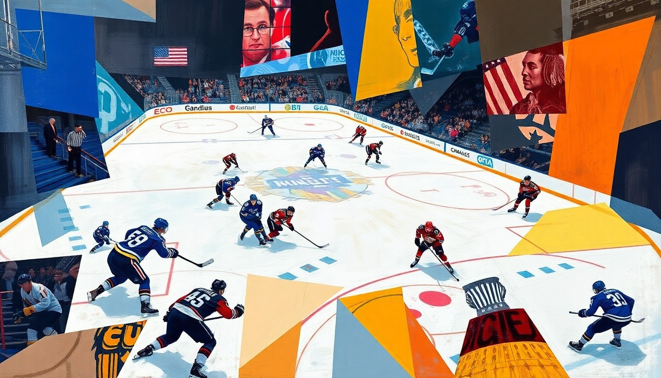 A cubist-style painting featuring overlapping geometric shapes and planes in shades of blue, red, and black, representing the dynamic action and strategic adjustments of a hockey game between the St. Louis Blues and Chicago Blackhawks.