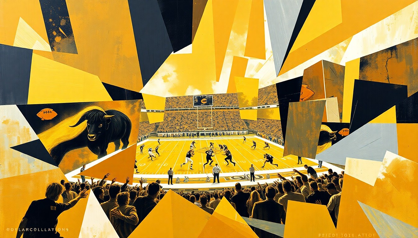 A cubist, geometric painting depicting a Colorado Buffaloes football game, with sharp, overlapping planes of gold, black, and silver colors representing the players and action on the field.