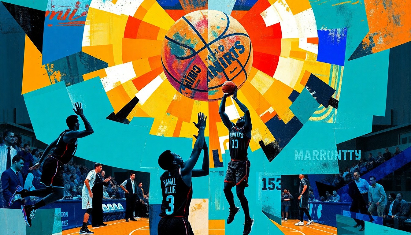 A fractured, cubist-style painting depicting the silhouettes of basketball players in motion, with the ball and their bodies broken down into sharp, overlapping geometric shapes and planes in a vibrant color palette, conceptually representing the dynamic three-point shooting of the Charlotte Hornets' backcourt.