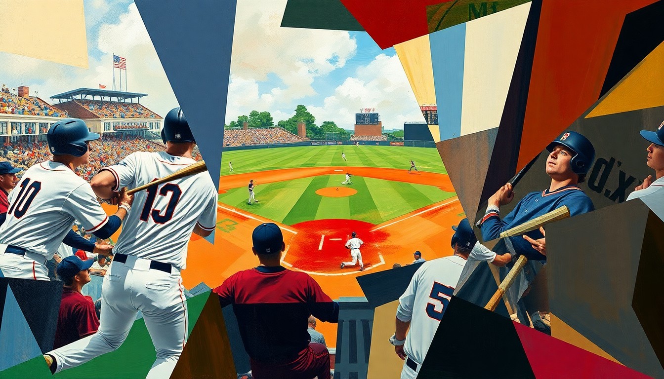 A fragmented, geometric painting depicting the dynamic action of a college baseball game, with players' forms broken down into sharp, overlapping shapes and planes.