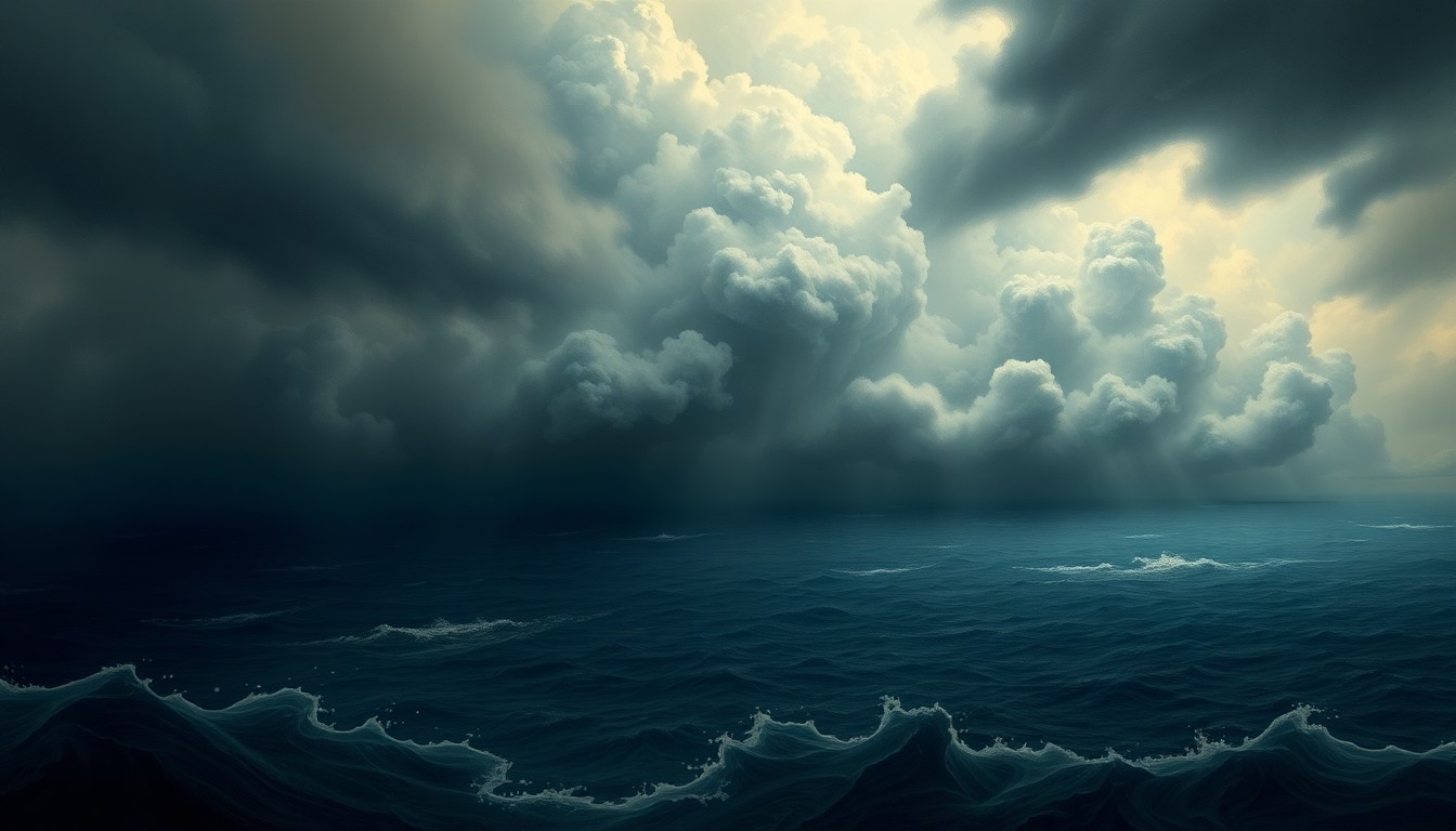 A vast, atmospheric landscape painting depicting a massive, swirling storm system over the open ocean, with heavy rain and dark clouds obscuring the horizon, conveying the overwhelming power and scale of the natural forces at work.