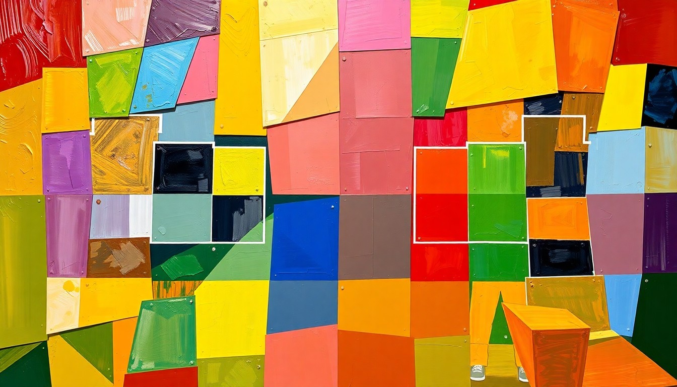 A cubist, geometric painting depicting fragmented shapes and planes of color representing different college football teams and programs, conceptually illustrating the complex debates over playoff inclusion.