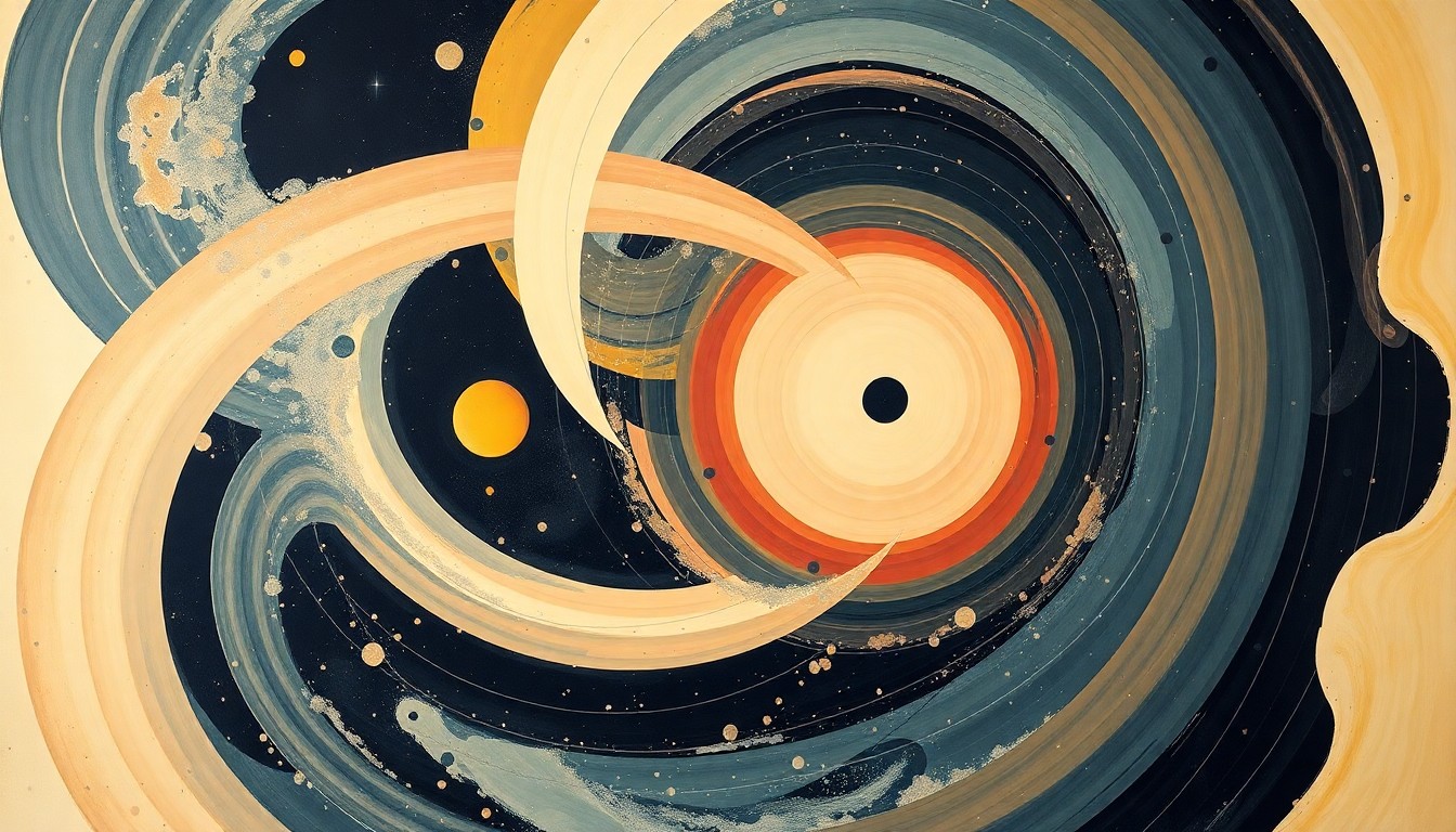 A highly structured abstract painting in muted tones of blue, green, and gray, featuring sweeping geometric arcs, concentric circles, and precise botanical spirals, conceptually representing the complex scientific forces and interconnected issues facing NASA's space programs.