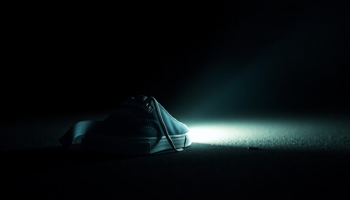 An extreme close-up photograph of a child's shoe or backpack strap lying on the pavement, lit by a harsh, direct camera flash against a pitch-black background, conceptually illustrating the tragedy of a fatal pedestrian accident.