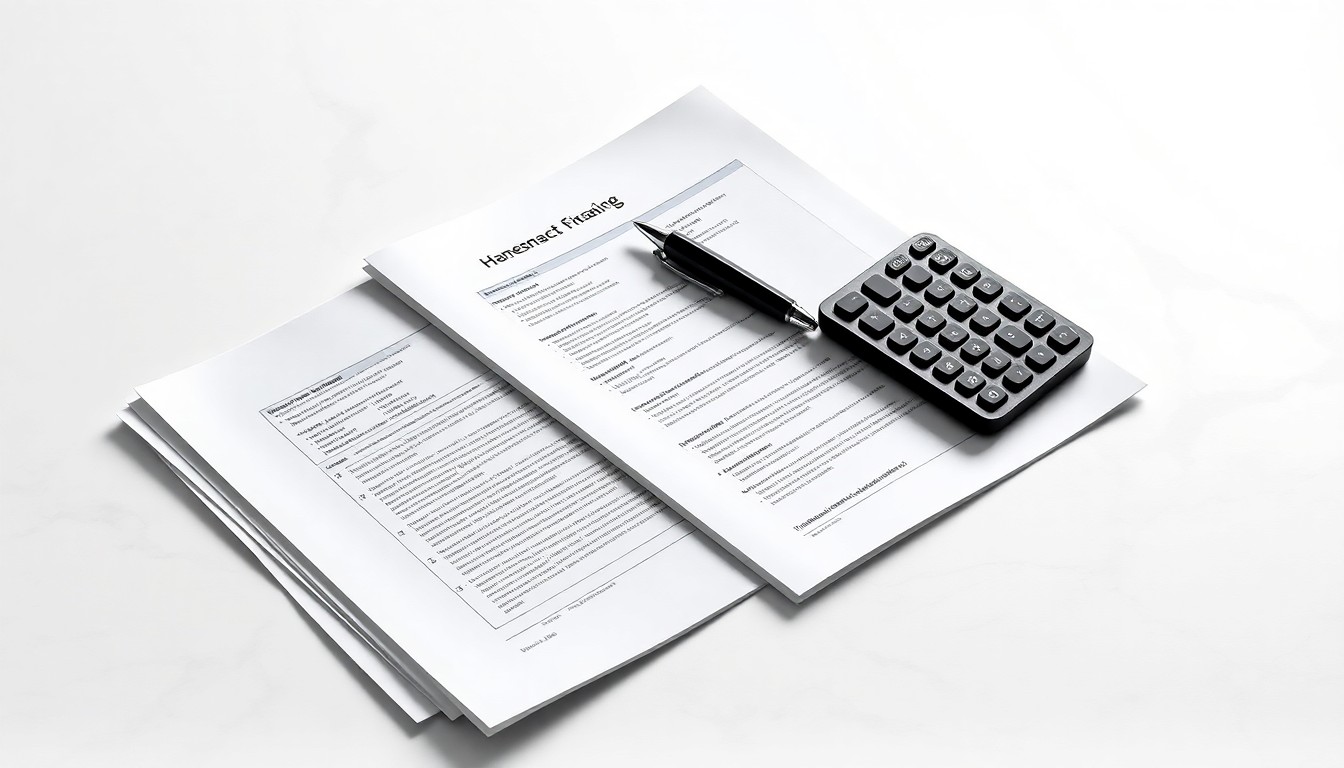 A high-end, photorealistic studio still-life photograph featuring a stack of financial documents, a calculator, and a pen arranged elegantly on a clean, white seamless background, conceptually representing the abstract corporate strategy and finance at the heart of an investigation into a publicly traded company.