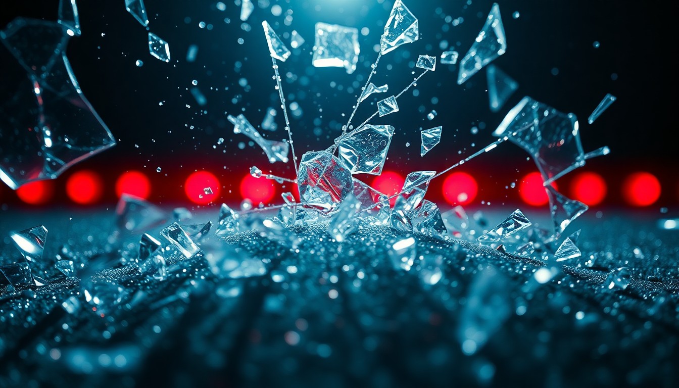 An abstract close-up image featuring shattered glass and glittering sequins, captured in dramatic high-contrast studio lighting to convey the gritty, high-stakes glamour of the horror television genre.