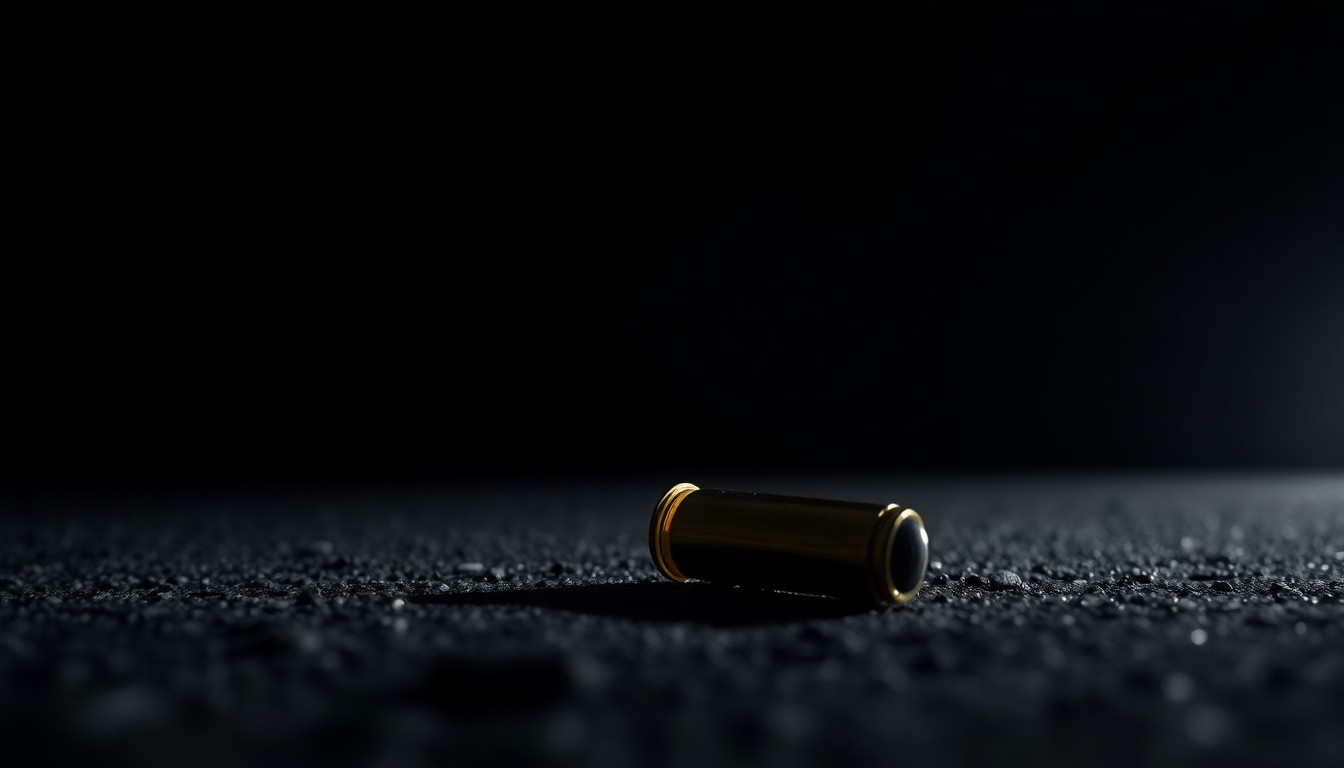 An extreme close-up of a spent shell casing on the pavement, reflecting the harsh lighting and gritty, investigative aesthetic of the image, conceptually illustrating the aftermath of a street takeover shooting incident.