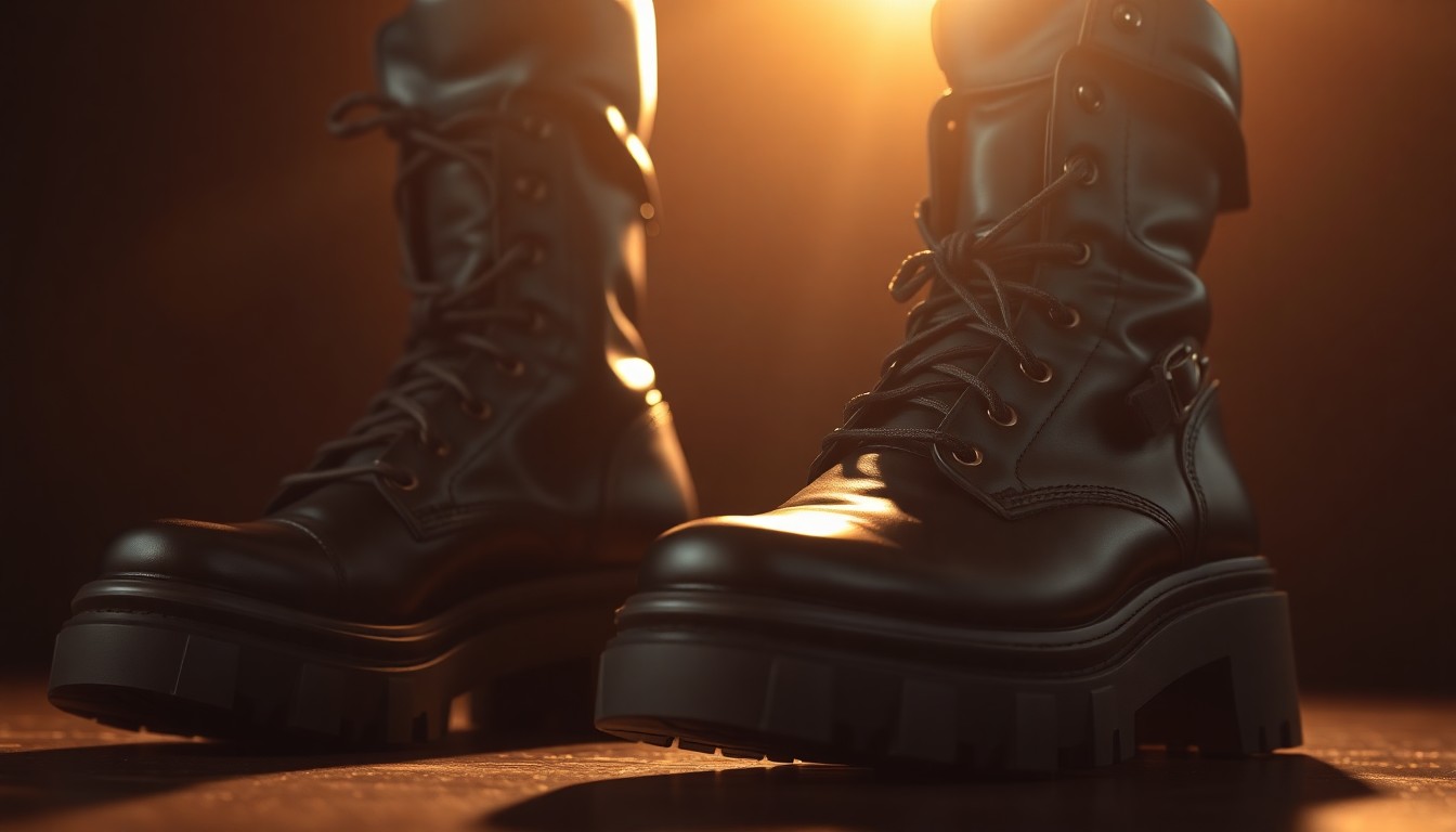 An extreme close-up photograph of a pair of black leather boots with a chunky sole, the material reflecting dramatic studio lighting to capture a high-fashion, glamorous texture.