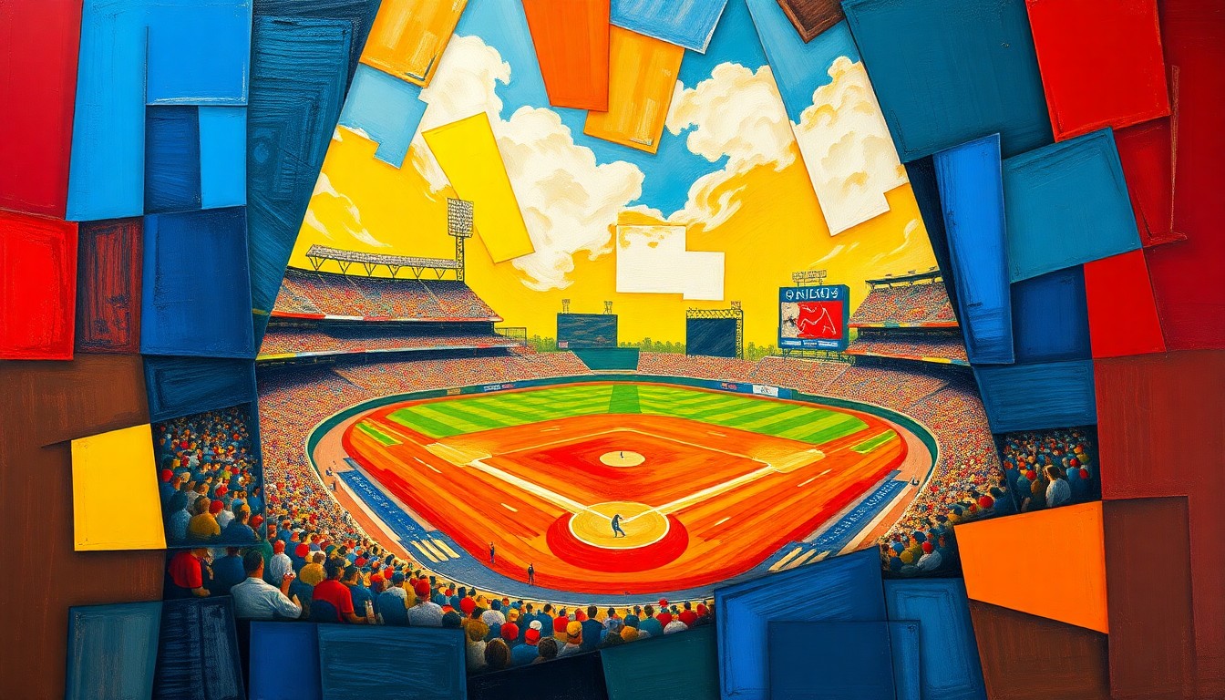 A fragmented, geometric painting in bold primary colors depicting the dynamic action of a baseball game, representing the Mets' need for an offensive boost.