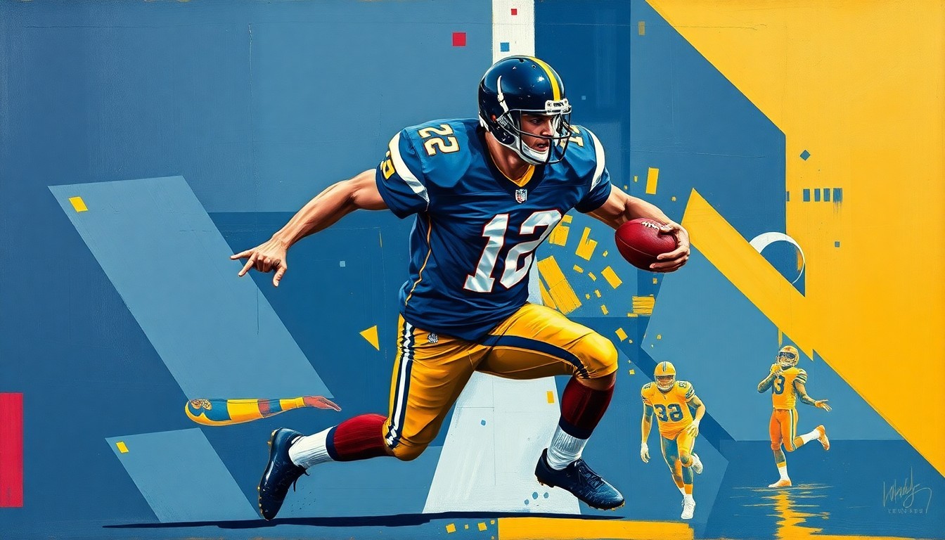 A cubist, geometric painting depicting a football player in mid-action, with the figure broken down into sharp, overlapping planes of navy blue, gold, and crimson, conveying the dynamic energy of the sport.