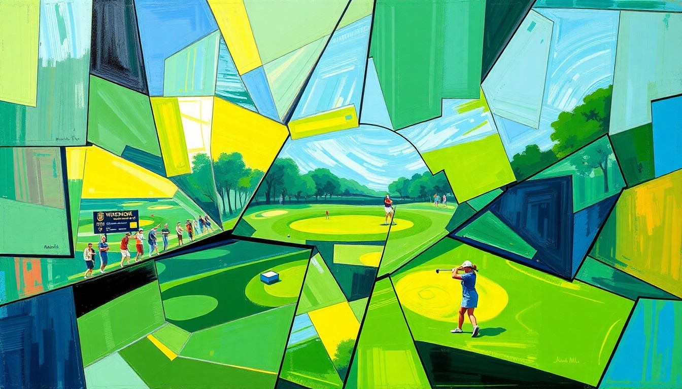 A fractured, geometric painting in vibrant hues of green, blue, and yellow, breaking down a women's golf event into sharp, overlapping planes that convey the dynamic energy of the competition.