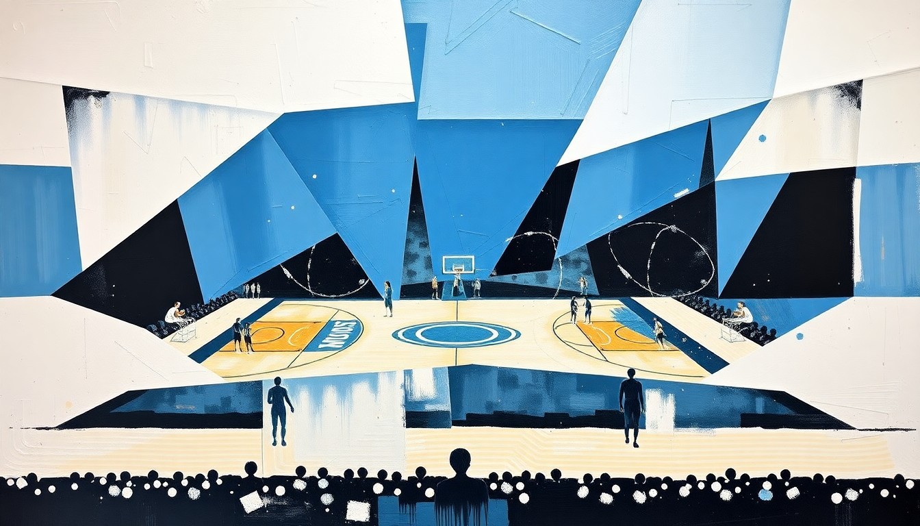A cubist, geometric painting depicting the action of a women's basketball game, with the players and court broken down into sharp, overlapping planes of Carolina blue, white, and black.