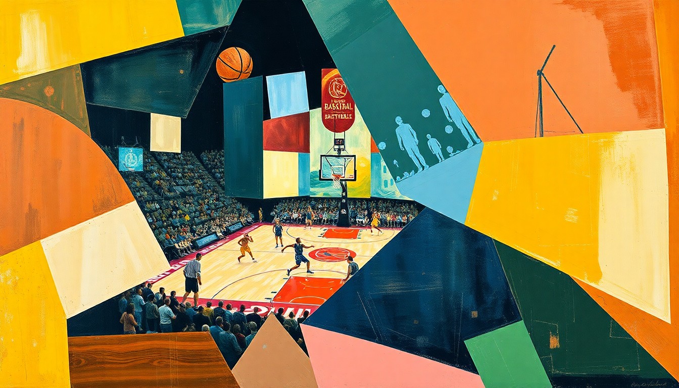 A cubist, geometric painting depicting a basketball game, with the court and players broken down into sharp, overlapping shapes and planes in a vibrant color palette, conveying the energy and intensity of the playoffs.