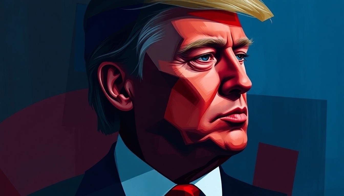 A dynamic, abstract painting featuring the fractured silhouette of a politician in shades of blue, red, and grey, conveying a sense of political upheaval and scandal.