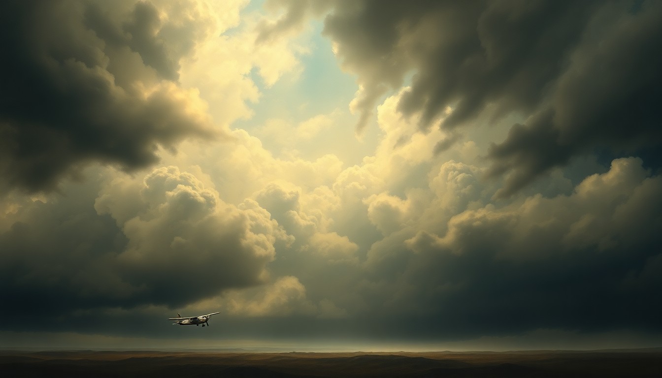 A sweeping, atmospheric landscape painting with heavy, dramatic brushstrokes in shades of grey, blue, and white, depicting a small plane barely visible against the vast, stormy sky.