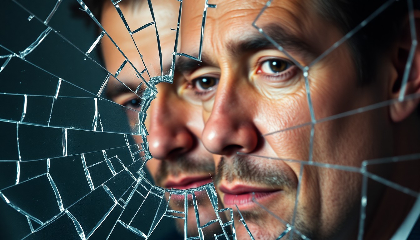 An abstract close-up image of a shattered mirror reflecting a blurred, distorted face, conveying the fragmented nature of a celebrity family's personal struggles.