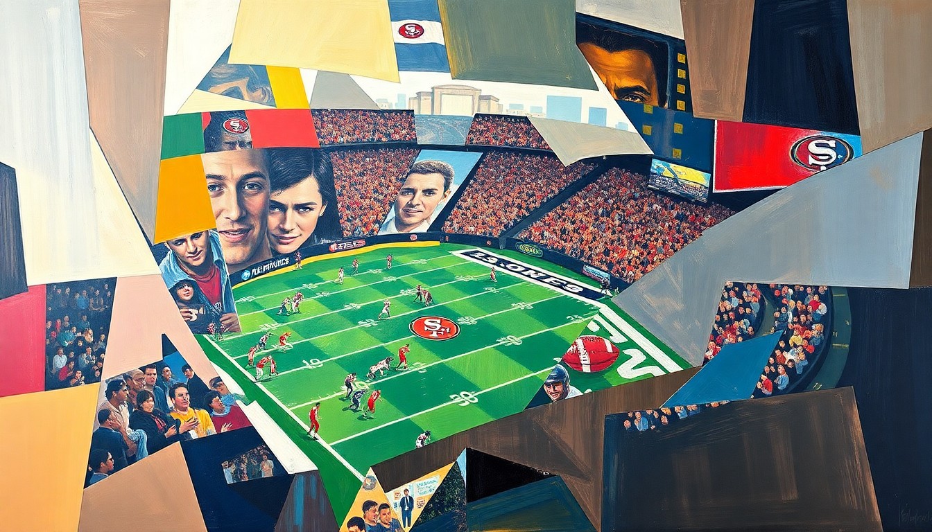 A fragmented, geometric painting depicting a San Francisco 49ers football game, with sharp, overlapping planes of color and form representing the intensity and movement of the players on the field.