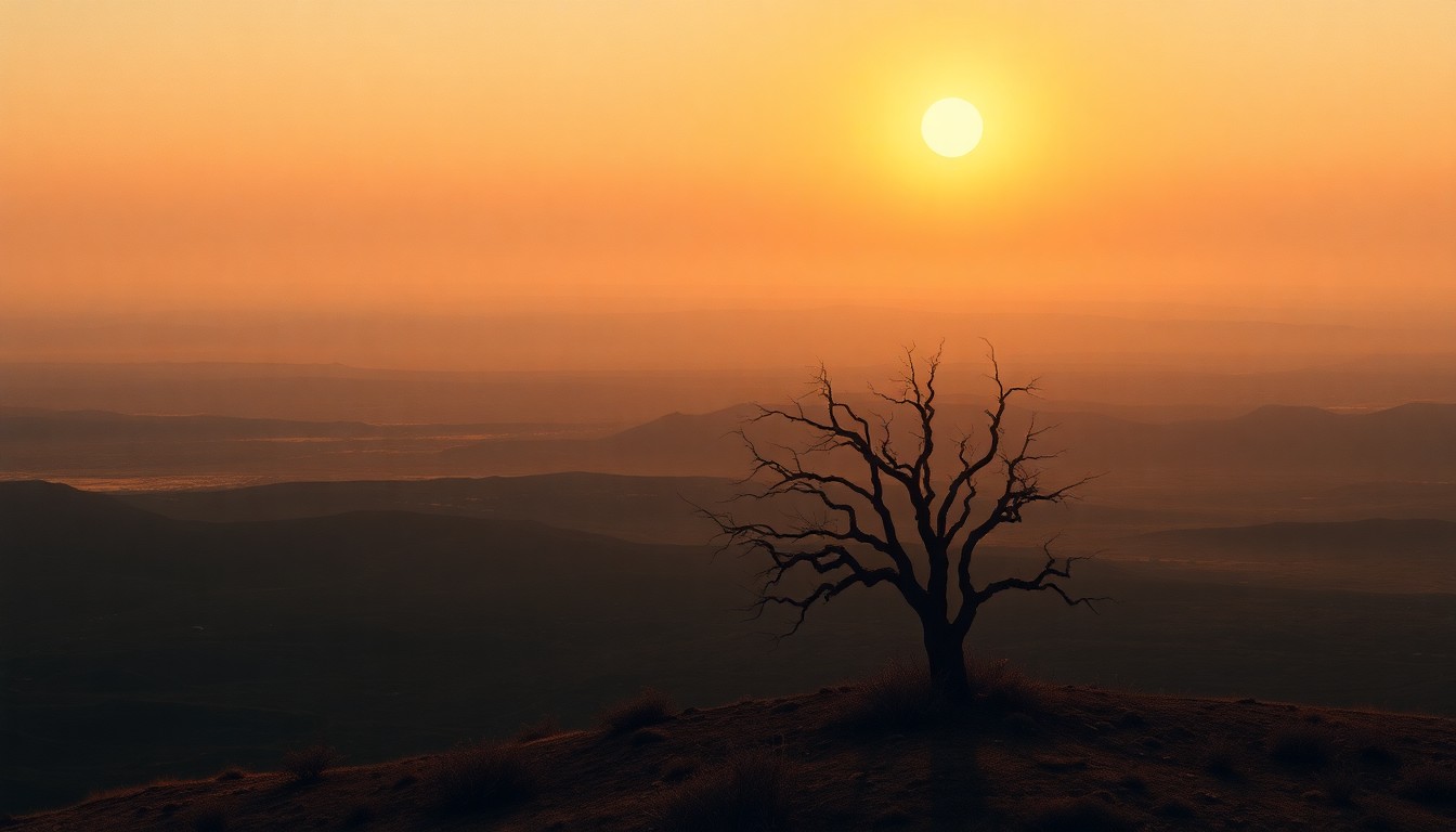 A sweeping, atmospheric landscape painting in muted earth tones, with a lone, twisted tree in the foreground struggling against a hazy, scorching horizon under a blazing sun, conveying the oppressive heat and drought affecting the region.