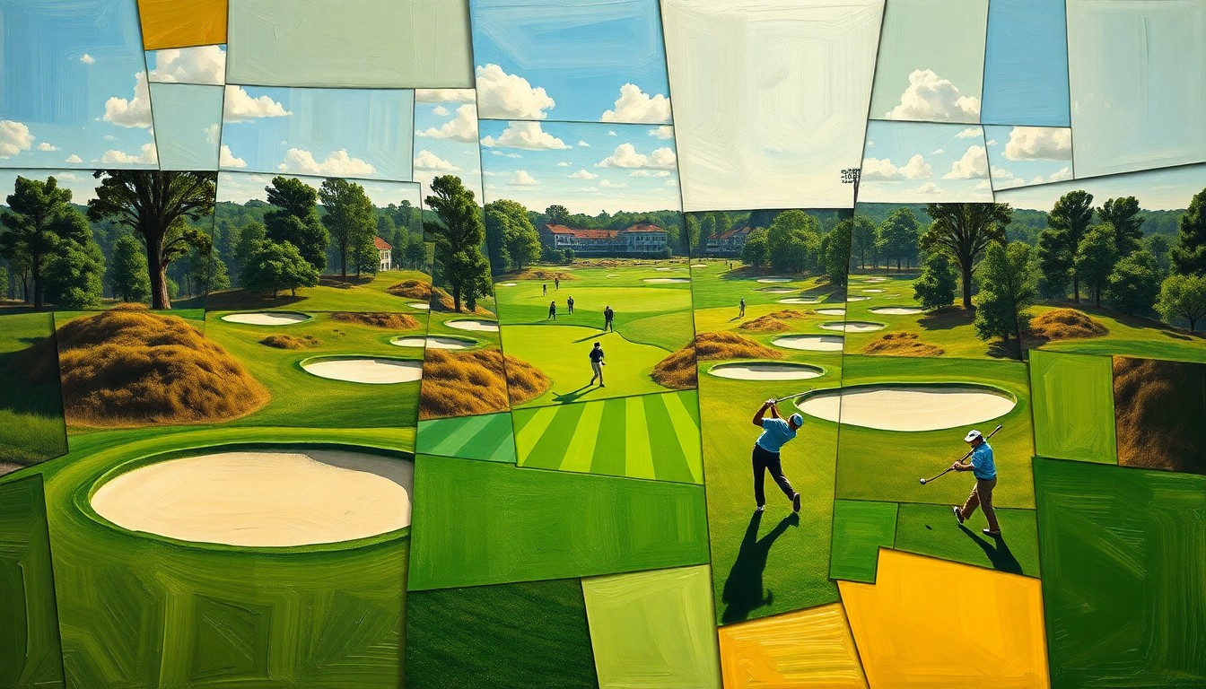A cubist, geometric painting depicting a college golf tournament, with overlapping planes of green fairways, sand traps, and golfers in motion, conveying the energy and competition of the event.