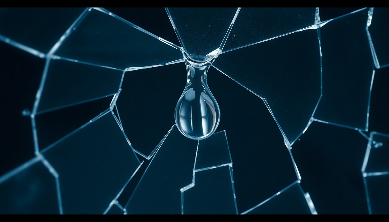 An abstract, high-contrast close-up photograph of shattered glass reflecting a single tear, conveying the fragility and raw emotion of Savannah Guthrie's personal tragedy.
