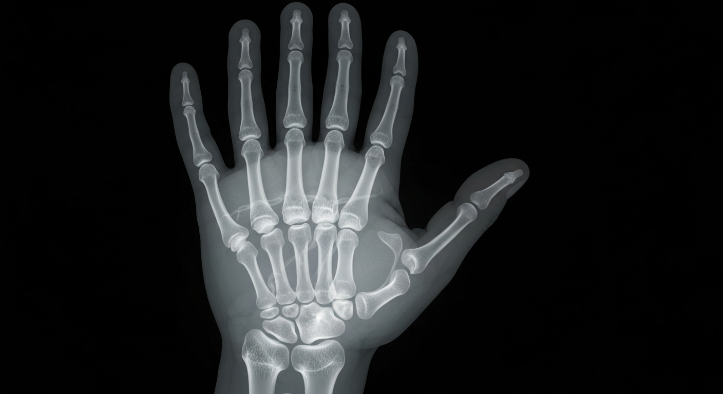 A translucent X-ray photograph showing the internal structure of a human hand, with the bones and veins glowing against a dark background, conceptually representing the fragility and importance of regular skin cancer screenings.