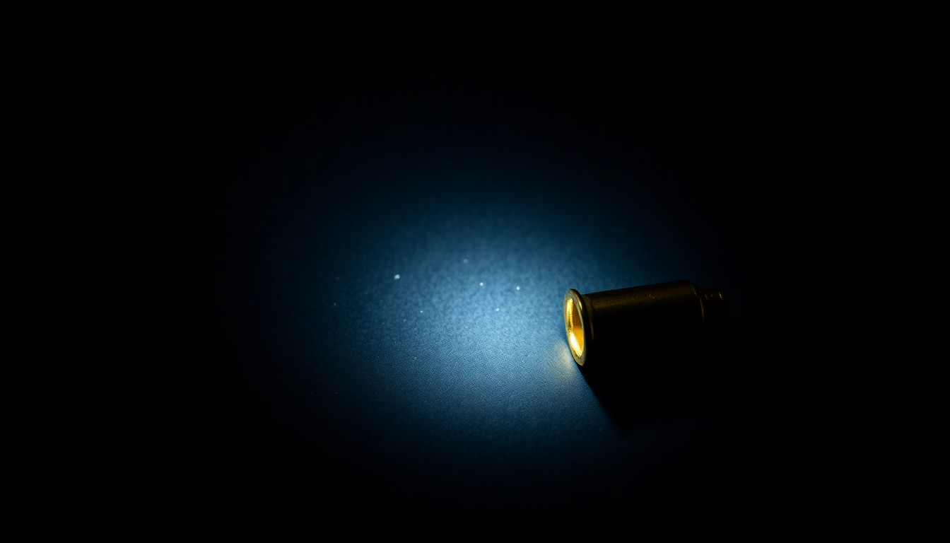 An extreme close-up photograph of a single spent bullet casing on a dark surface, lit by a harsh, direct camera flash, conceptually representing the aftermath of a mass shooting incident.
