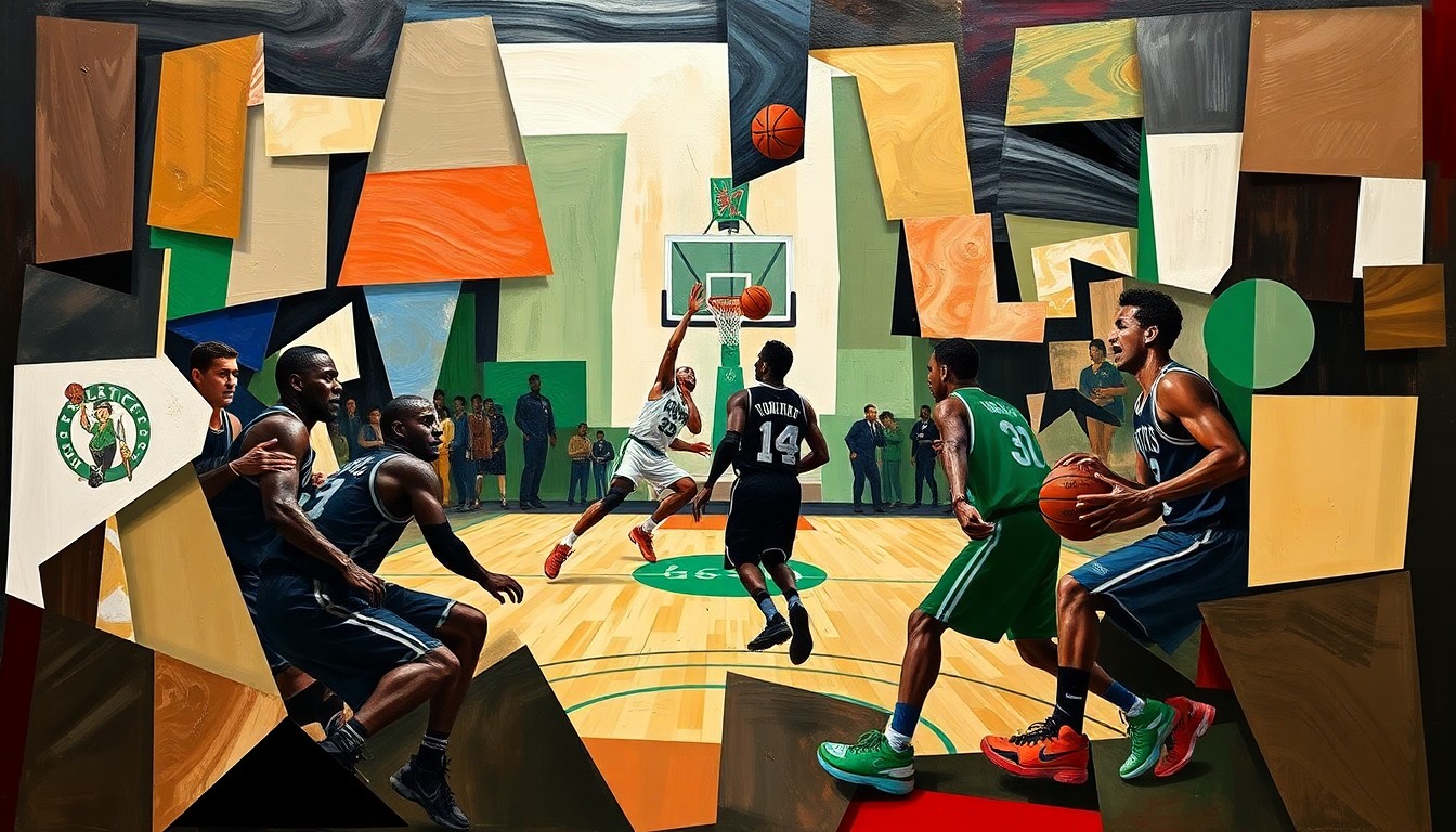A fractured, cubist-style painting depicting a Celtics basketball game, with the players' forms broken down into abstract geometric shapes and planes, capturing the team's disciplined, collaborative approach to the game.