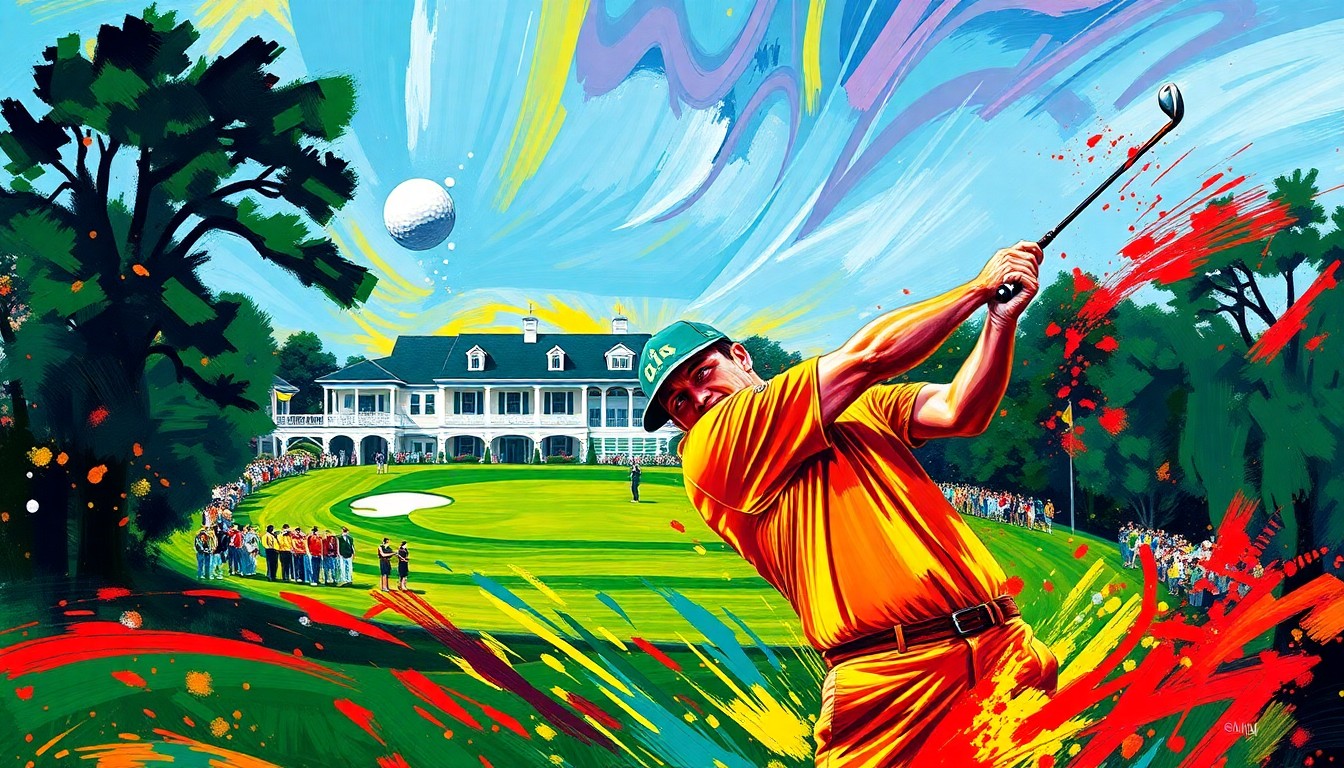 An abstract, expressionist painting in vibrant neon colors depicting the powerful golf swing and ball trajectory of Shane Lowry as he makes his historic second hole-in-one at the Masters, the iconic Augusta National clubhouse visible in the background.