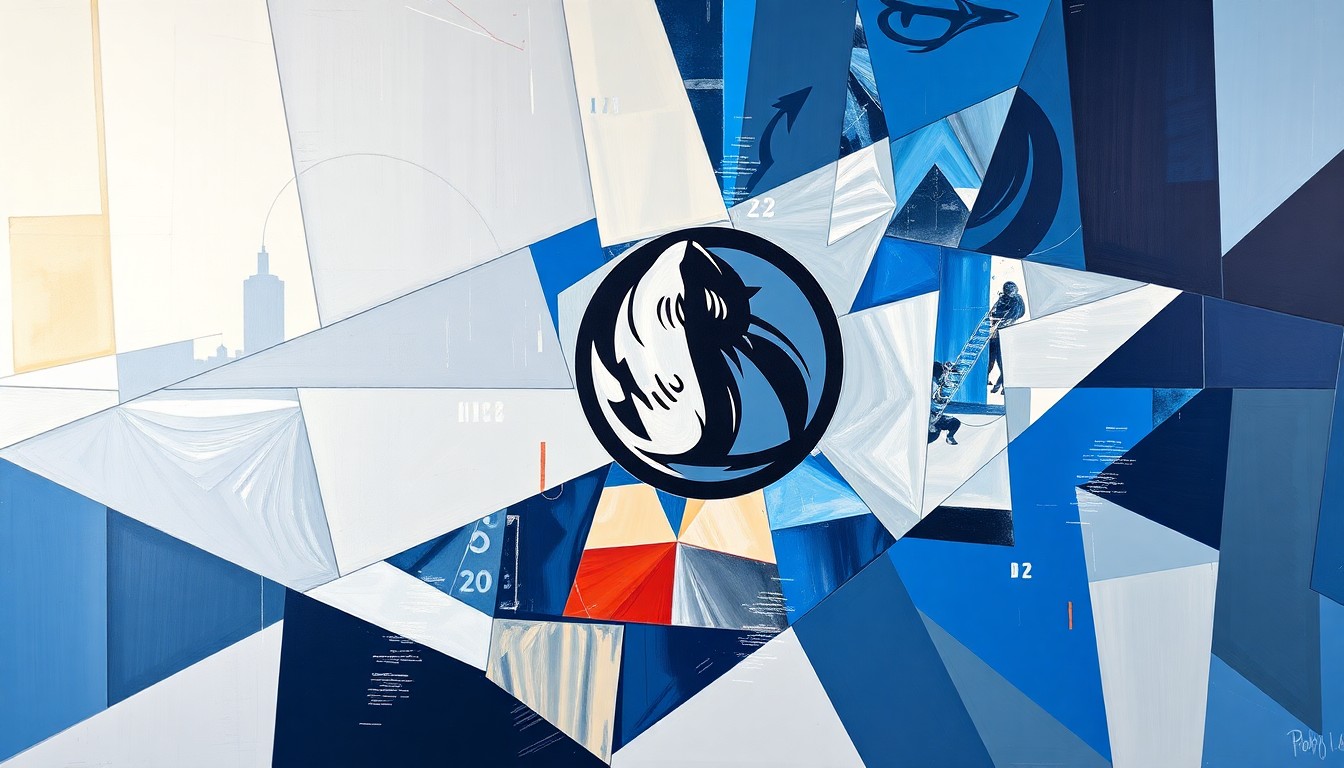 A fractured, multi-perspective painting in the style of Pablo Picasso, featuring sharp, overlapping geometric planes in the Mavericks' team colors of royal blue, silver, and navy blue, capturing the energy and movement of a basketball game.