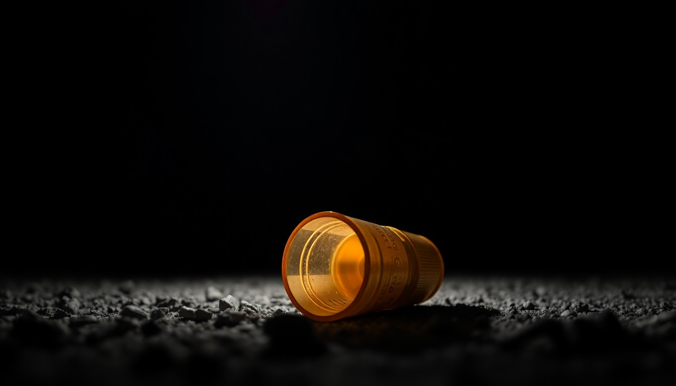 An extreme close-up photograph of a spent shell casing on the ground, reflecting the harsh, direct lighting and creating a stark, gritty, investigative aesthetic.