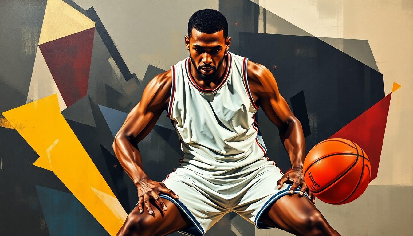 A cubist, geometric painting depicting the dynamic movements and intense physicality of a basketball player's defensive stance, with sharp, overlapping planes of color and form capturing the essence of elite-level defense.