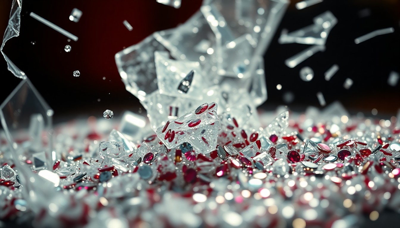 An extreme close-up photograph of shattered glass and glittering sequins, capturing the intense emotions and high-stakes nature of the events unfolding on the soap opera.