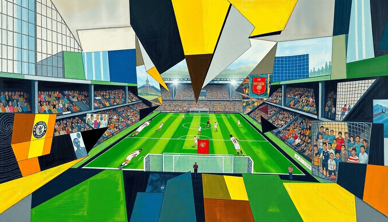 A cubist, geometric painting depicting a fragmented, multi-perspective view of a football match or competition, with sharp, overlapping planes of color and form.
