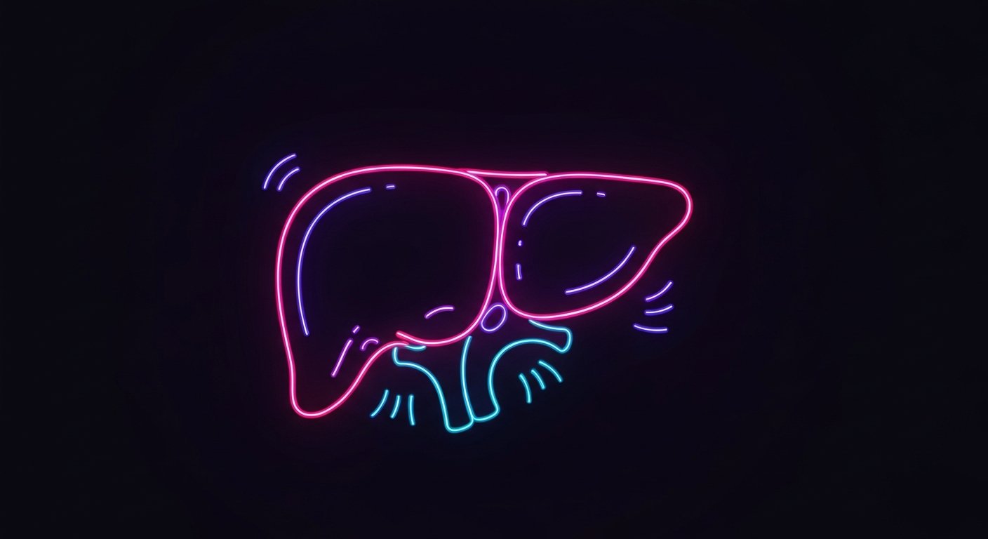 A minimalist, neon-outlined illustration of a human liver against a dark background, conceptually representing the impact of binge drinking on liver health.