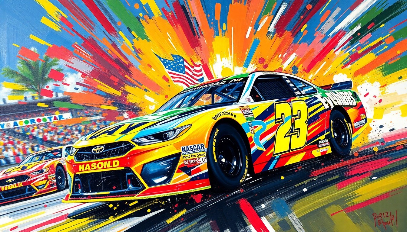 An abstract, energetic painting featuring bold brushstrokes in neon shades of red, orange, and blue, capturing the dynamic motion and intensity of a NASCAR race.