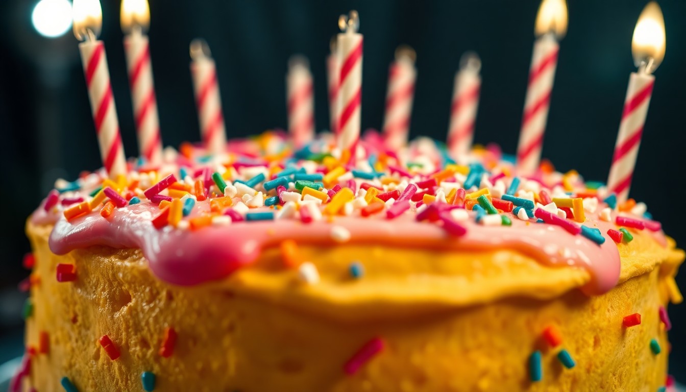 An extreme close-up photograph of a birthday cake covered in vibrant, textured icing and sprinkles, capturing the celebratory mood of the event.