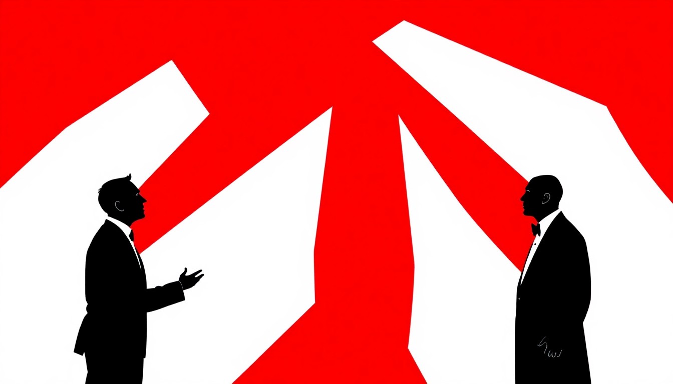 An abstract, minimalist illustration composed of stark, jagged red and white geometric shapes, conceptually representing the chaotic energy and mistaken identities of a classic farce.