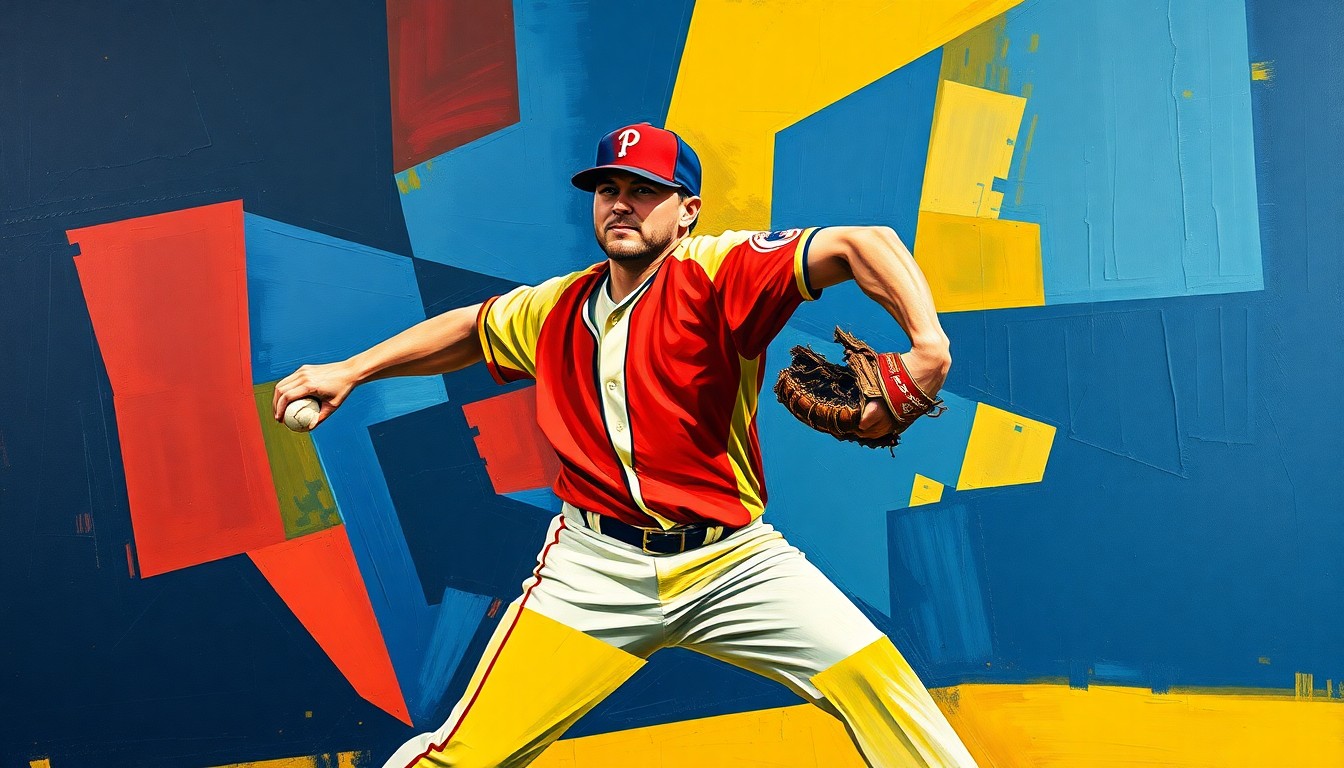 A fragmented, geometric painting depicting a baseball pitcher's motion, with sharp planes of navy, crimson, and gold colors, conceptually representing the resilience and skill of Tejay Antone's journey back to the mound.