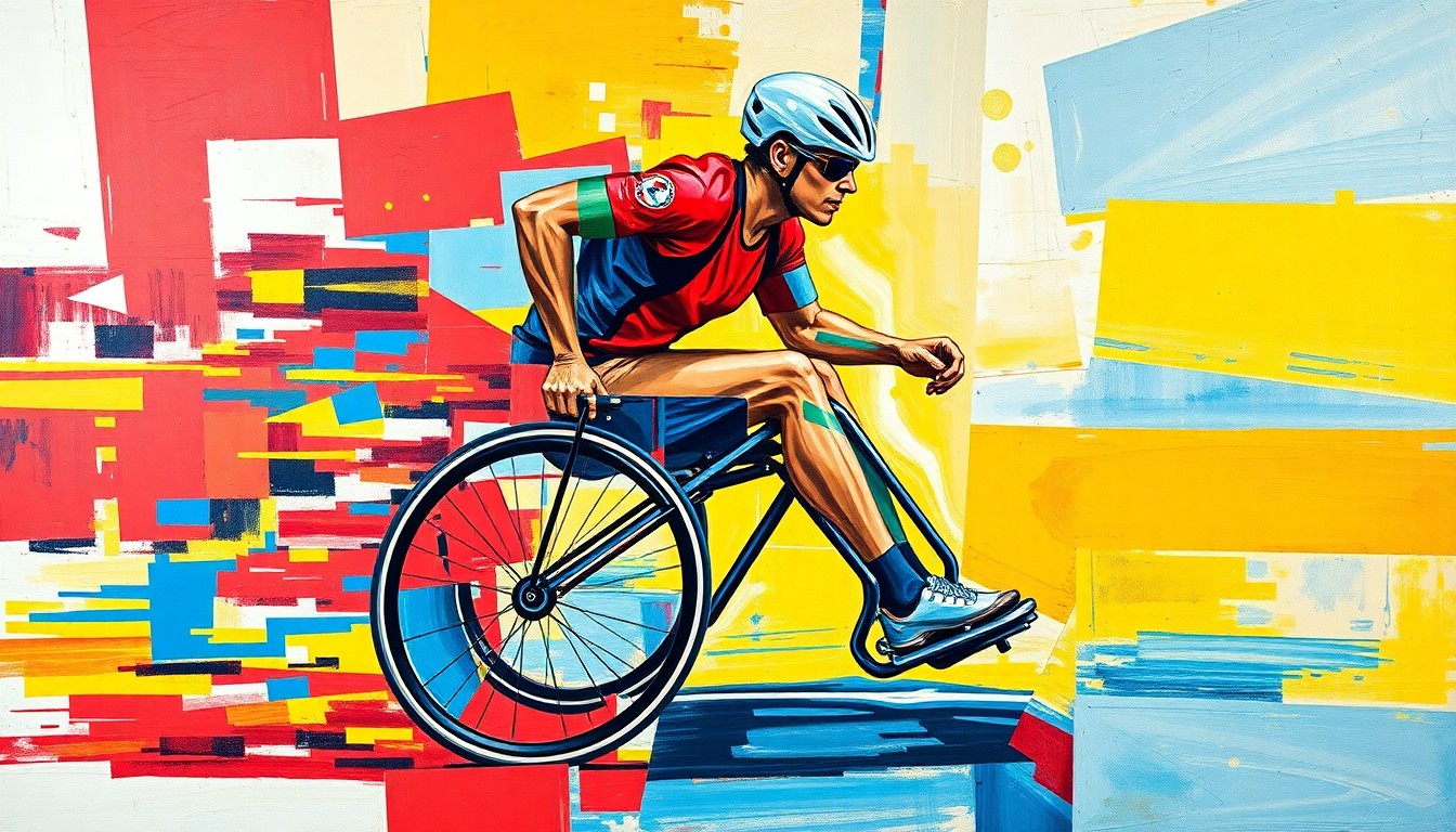 A fractured, multi-perspective painting in bold, vibrant colors depicting a wheelchair racer in motion, with sharp, overlapping geometric shapes and planes representing the dynamic nature of the sport.