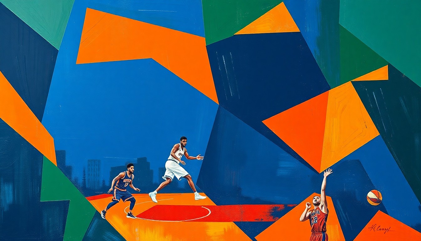 A cubist, geometric painting depicting an abstracted basketball game between the New York Knicks and Atlanta Hawks, with the players' forms broken down into sharp, overlapping shapes in a vibrant color palette.