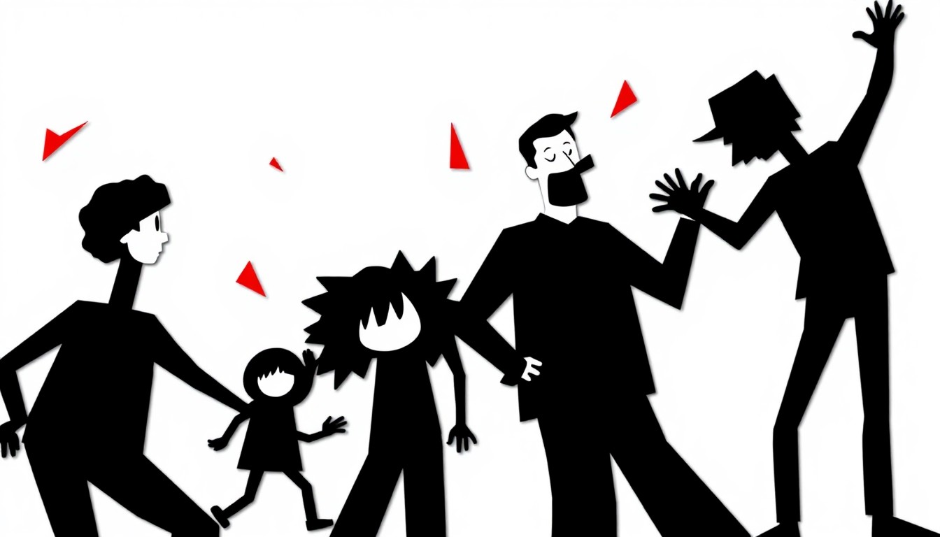 An abstract, minimalist illustration featuring stark black silhouettes of various geometric shapes against a bright red background, conceptually representing the dysfunctional family dynamics at the heart of the Malcolm in the Middle revival.