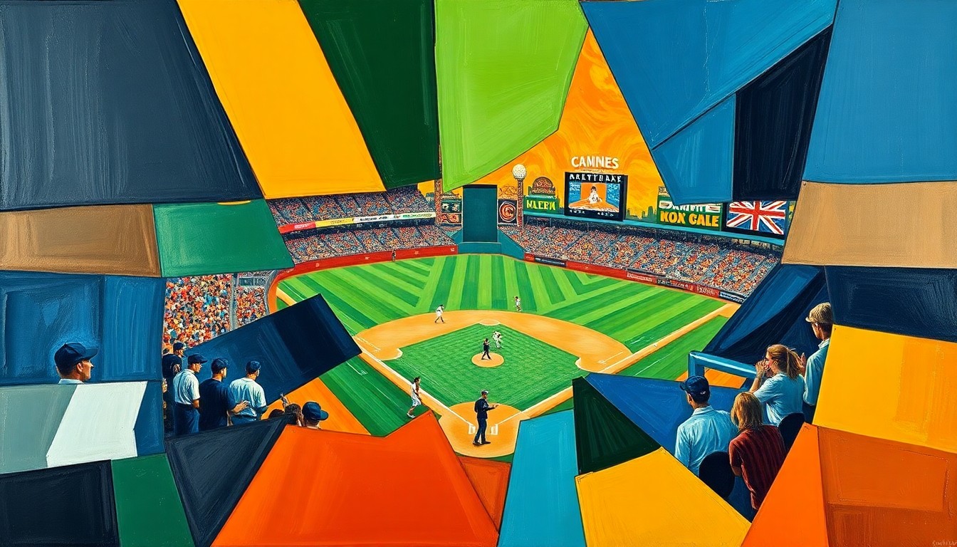 A fractured, multi-perspective painting featuring sharp, overlapping geometric planes in vibrant colors, conceptually representing the Iowa baseball team's series loss against USC.