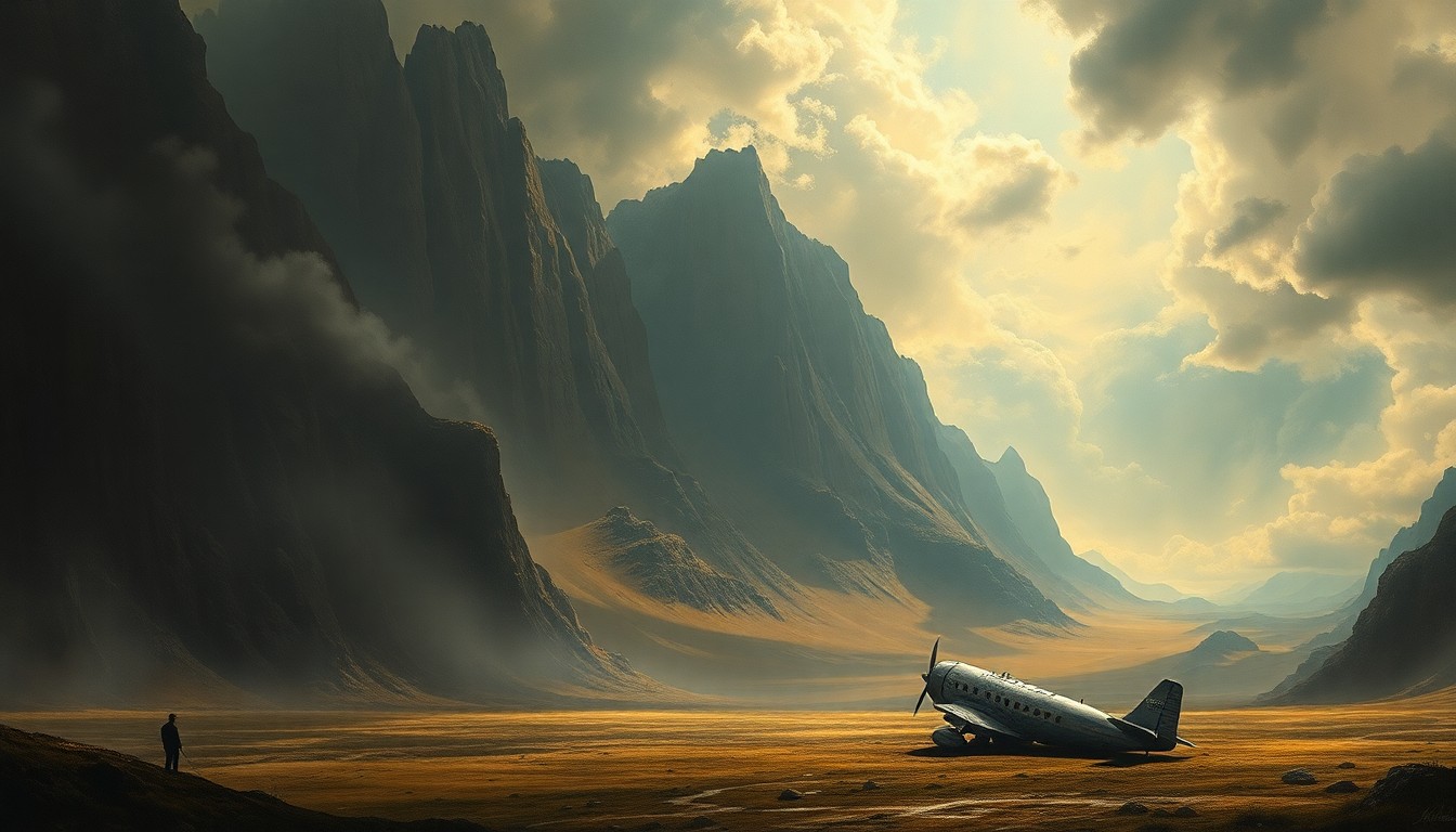 A sweeping, atmospheric landscape painting in muted tones, with a small plane wreckage barely visible in the foreground, surrounded by dramatic clouds and dramatic lighting that conveys the sublime power of the natural world.