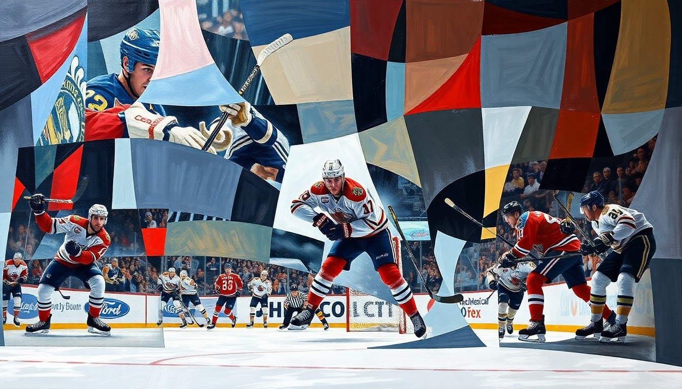 A cubist, geometric painting depicting a hockey game in motion, with the figure of Alexander Ovechkin fragmented and abstracted into overlapping angular shapes and planes, conveying the complex, uncertain nature of his potential retirement.